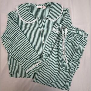 Rachel Ashwell Green Striped Cotton Pajama Set with Lace Trim -Women's Sleepwear
